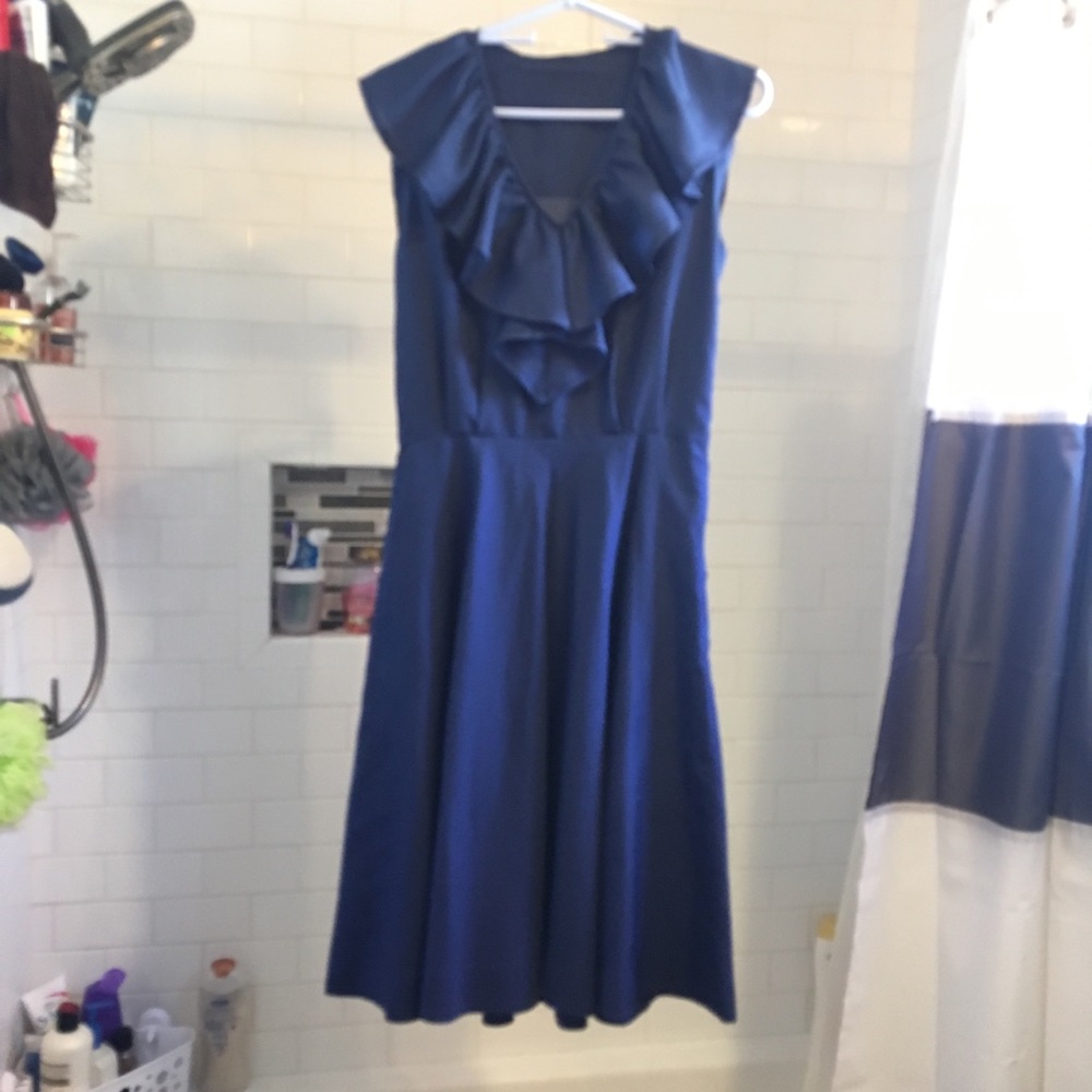 Vintage Navy Blue Ruffled Sleeveless Dress